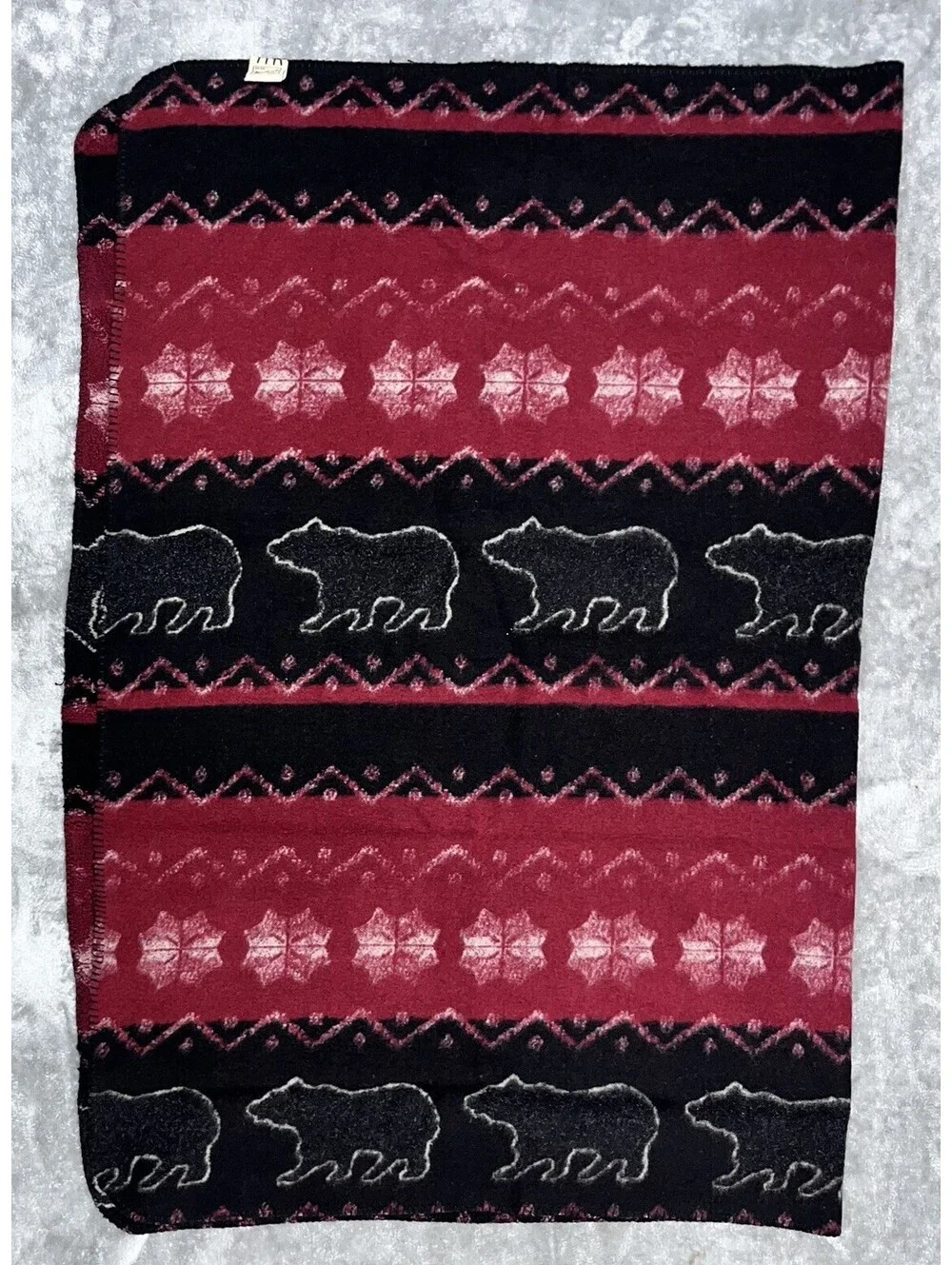 VTG Woolrich Home Fleece Blanket CABIN FARMHOUSE Black Bear Fair Isle 50